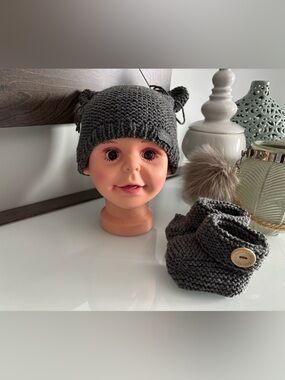 Handmade Gray Knit Baby Hat with Ear Accents and booties